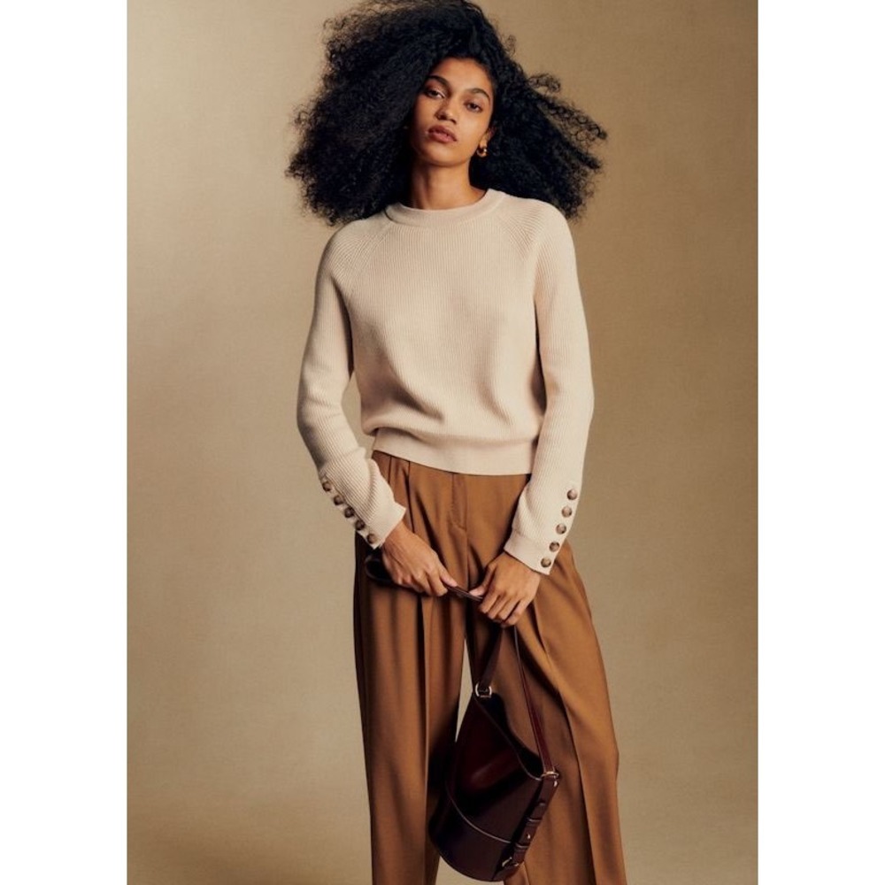 Sezane La Maille Sami Sweater Ecru Merino Wool Cotton Ribbed Button Cuff Size S